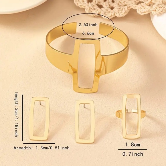 Elegant Adjustable Geometric Hollow Square Bangle, Earrings & Ring Set-4pc set - Picture 3 of 4